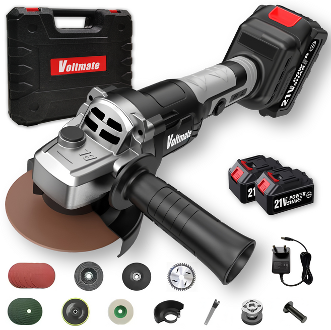 VoltMate 독일 21V BLDC 무선 충전식 전동 브러시리스 그라인더 3단 조절 가능 전력량 표시 연마기/광택기 4000mAh 배터리 2개 세트, 본체+2개 배터리, 1세트