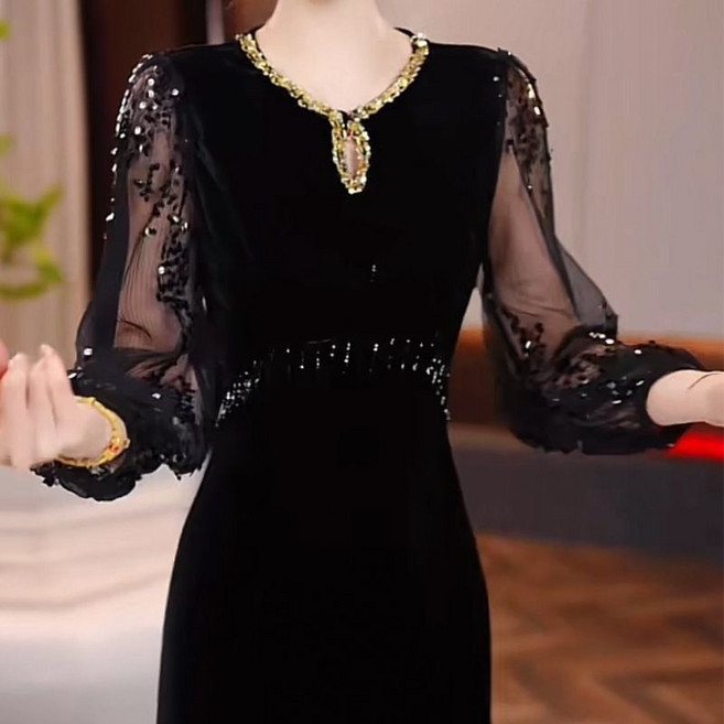 AOKADA 여성 봄 시스루 소매 벨벳 롱 원피스 반짝이 슬림핏 하객룩 드레스