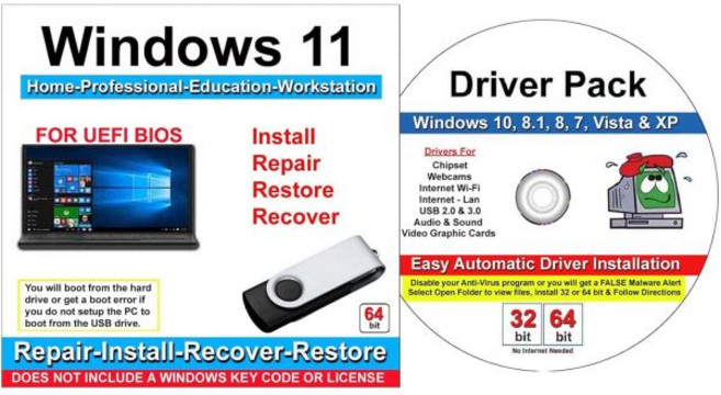 9번 및 포도 호환 Windows 11 홈 프로페셔널 교육 워크스테이션 64비트 수리 설치 복구 복원 USB 플래시 드라이브 UEFI 바이오스 드라이버 팩 소프트웨어