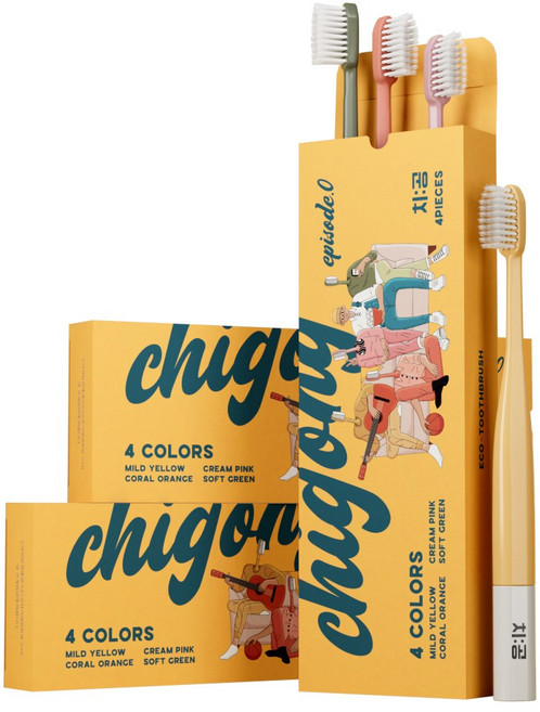치공 옥수수 전분 이중미세모 칫솔세트 4P 그린 옐로우 핑크 코랄 대한민국 국내제조 직접생산 회사용 선물용 여행용, 1개, 4개입