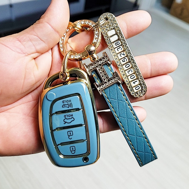 포스워백 현대 4버튼 캐스퍼 아반떼 AD MD 아이오닉 LF쏘나타 뉴투싼ix 올뉴투싼 뉴라이즈 신형i40 호환 스마트키 TPU 키케이스 키링 키홀더, 청록색