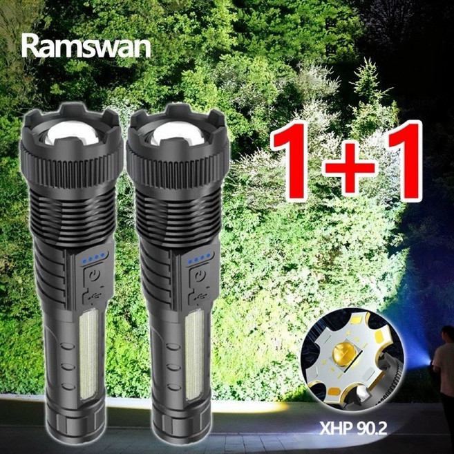 1+1 충전식 후레쉬 c타입 초강력 led 손전등 괴물 랜턴, 2개, 블랙