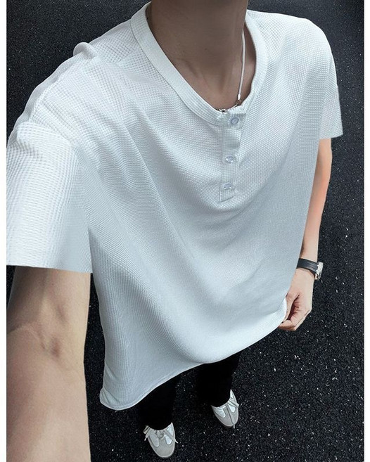 男士短袖華夫格亨利衫 寬鬆復古美式休閒上衣