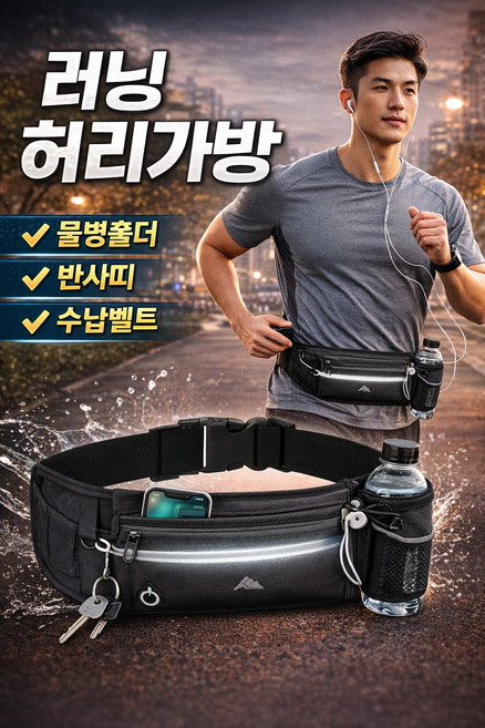 러닝 힙색 벨트 물통수납 허리가방 반사띠 스포츠 조깅가방, 1개, 블랙