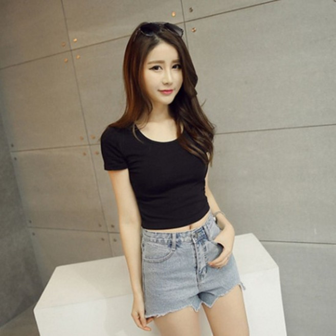 유낵 슬림핏 여성 무지 반팔 크롭티 크롭 티셔츠