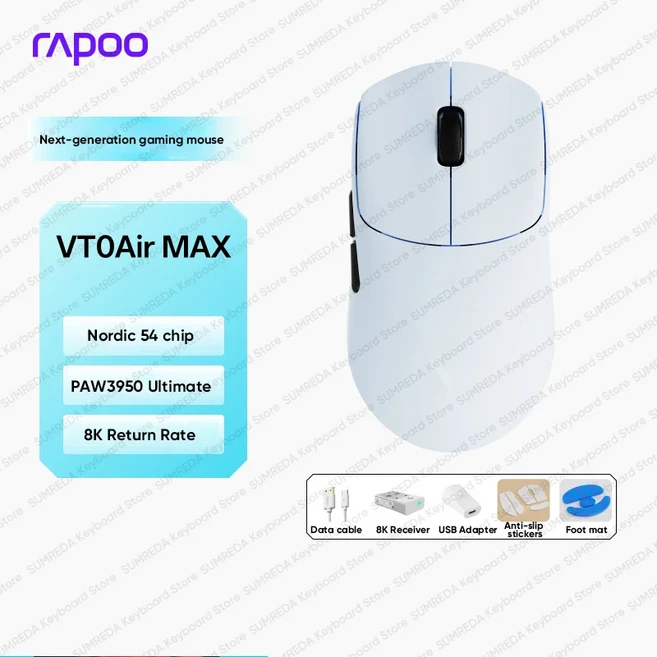 라포우 VT0AirMAX 무선 게이밍 마우스 PAW3950 얼티밋 듀얼 8KHz 2.4G 인체공학적 e스포츠 에어 맥스 FPS P, 01 VT0AIRMAX Blue