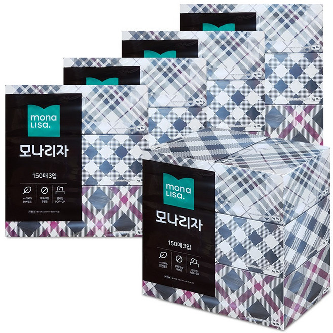 모나리자 각티슈 미용티슈 사각 곽 티슈 화장지 휴지 천연펄프 2겹, 150매, 12개