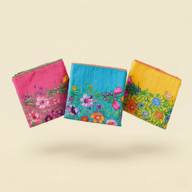이레터치 국산 여성 손수건 자수 면 3장세트 개별포장 플라워패턴