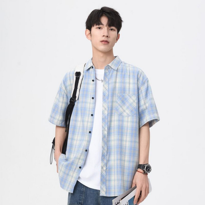 캐주얼 남성 체크 셔츠 빅사이즈 루즈핏 남자 얇은 반팔 셔츠 남방 SYW