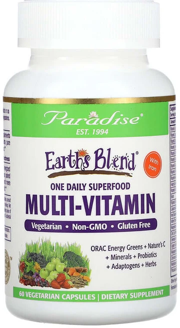 Paradise Herbs Earth's Blend 원 데일리 슈퍼푸드 종합비타민 철분 함유 베지 캡슐 60정 PAR-77829, 1 - 쿠팡