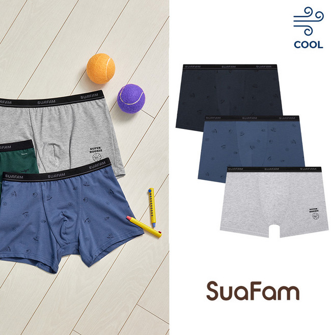수아팜 남아용 슈퍼루키 에어로쿨 드로즈 3장 세트 (10대 아동 속옷 초등 학생 청소년 사각 팬티 KC인증)