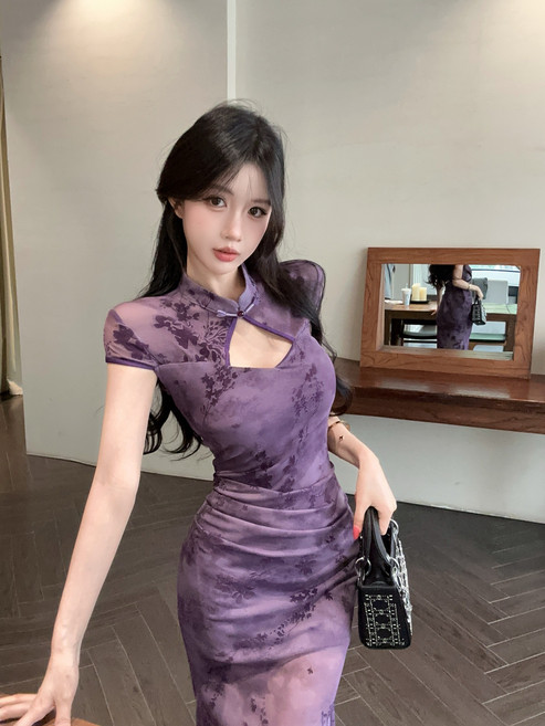 改良長款旗袍連衣裙, 紫色