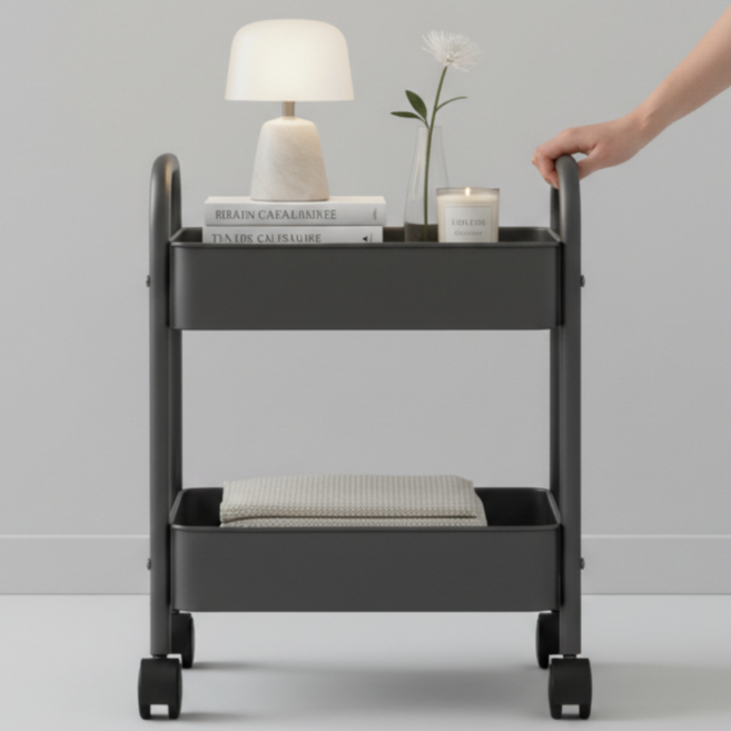 구디아 튼튼한 메탈 이동식 트롤리 철제 수납 정리함, 블랙