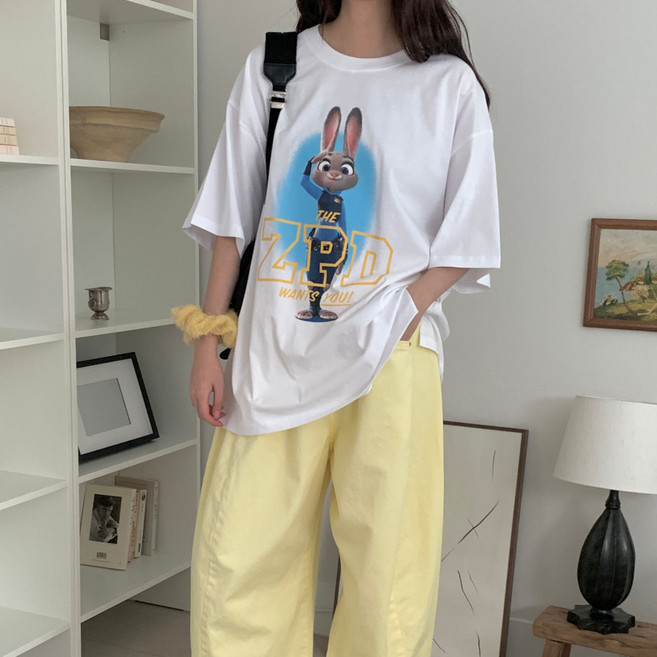 Disney 주토피아 티셔츠 주디 캐릭터 박시핏 반팔티 화이트 차콜