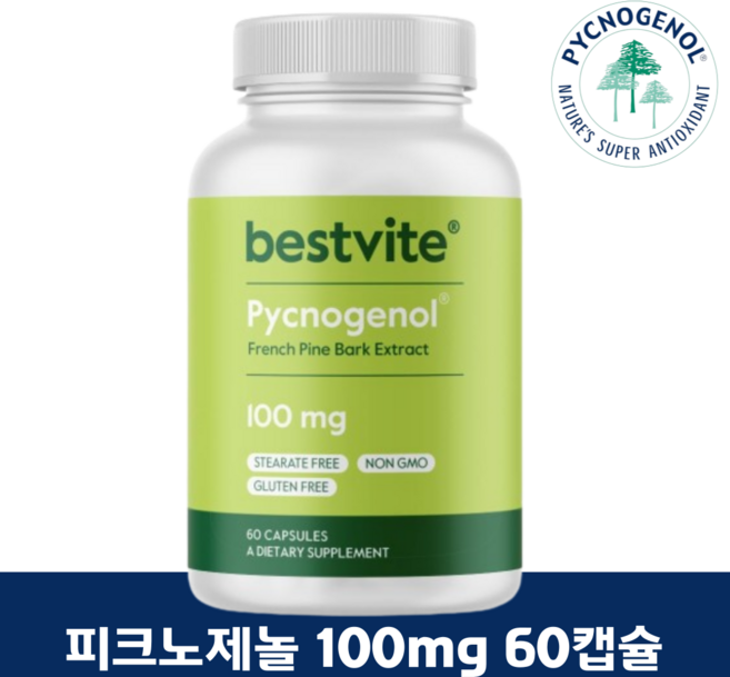 피크노제놀 100mg 60정 소나무껍질 추출 파인바크 프랑스 해송 고함량 호팍사 정품 원료 미국 본사 직배송, 1개, 60캡슐