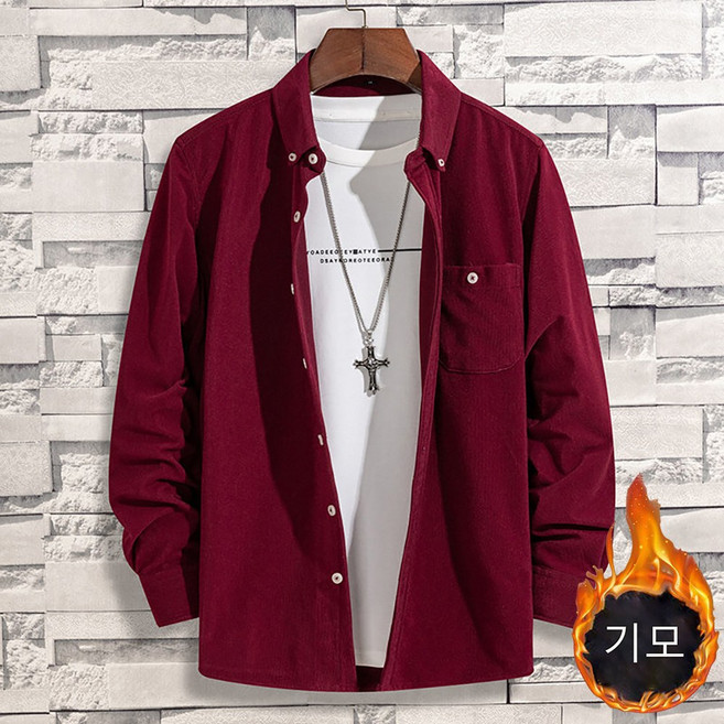 ROYALBELLE 남성 코듀로이 빅사이즈 카라넥 긴팔 셔츠 캐주얼 레이어드 심플 스타일 기모 남방 M0100224