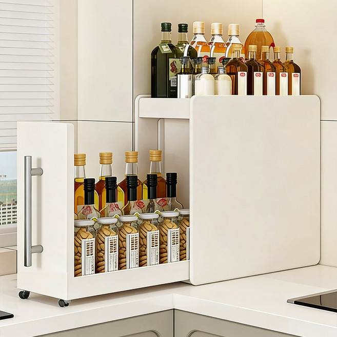 SeekFun 주방 정리대 양념통 정리대 코너 주방 슬라이딩 수납장 다층 선반 조리도구 걸이 냄비뚜껑 거치대, 1개, 화이트