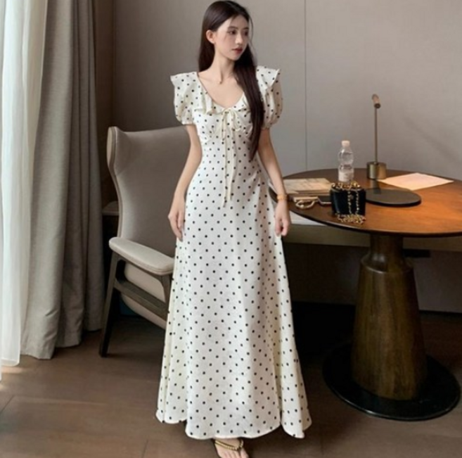 ORZQU 여성 여름 브이넥 도트 롱 원피스 고급 패션 원피스