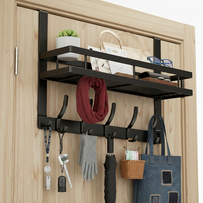 마메 무타공 선반 도어 행거 문걸이 후크 5구, 블랙, 1개