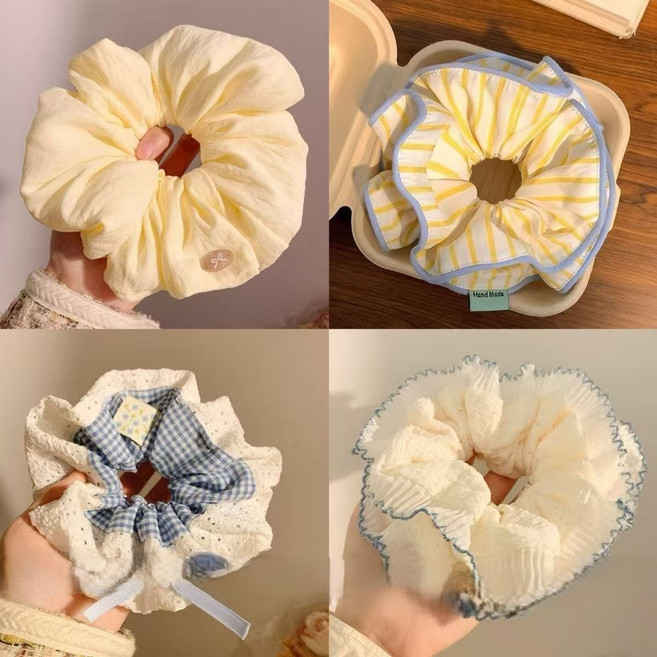 [ 4 P 1세트 ] 곱창 면 체크+스트라이프+레이스+무지 플라워 왕 머리끈 패턴 스크런치 37