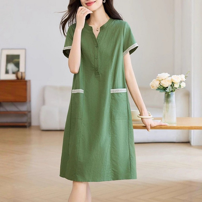 린넨원피스 브이넥 루즈핏 레이스 패치 미디 스커트 여름 중년여성 엄마 반팔 원피스 투포켓 셔츠원피스 빅사이즈