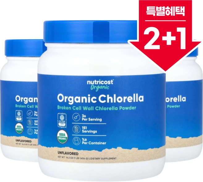 [2+1] 뉴트리코스트 유기농 세포벽분쇄 클로렐라 비건 분말 무맛 454g / 해외직구 미국정품, 3개 - 쿠팡