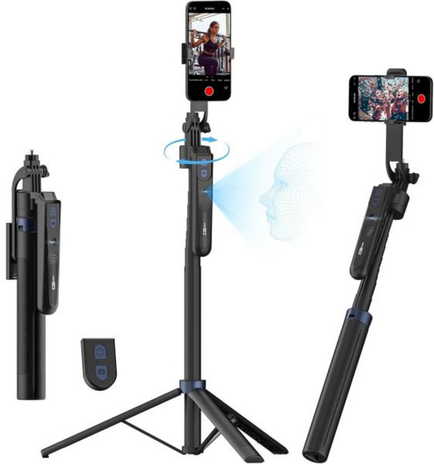 아이폰 촬영 장비 유튜브 브이로그 미니 USKEYVISION 자동 얼굴 추적 삼각대 360도 회전 아이폰용 폰 삼각대필 라이트 포함 셀카봉리모컨 70인치 홀더 영상 촬영용 콘텐, UTK-01, Black