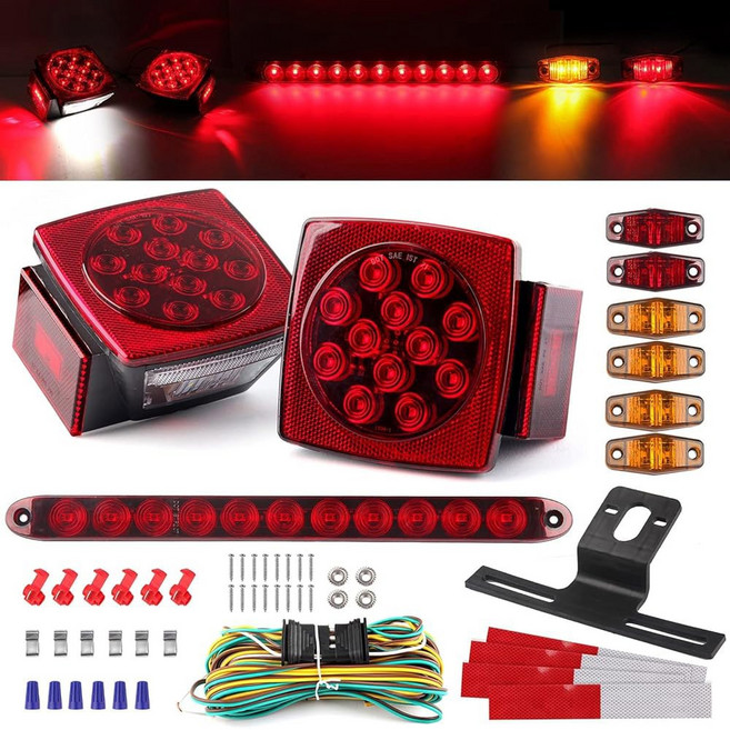 12V 트레일러 LED 조명 키트 스퀘어 스톱 턴 테일 브레이크 번호판 러닝 라이트 2개 7.6m(25피트) 배선 하네스 포함/미니 마커 6개/38.1cm(15인치) 11LED, 12V트레일러LED조명키트,스퀘어LED스톱턴테일브레이크, 1개