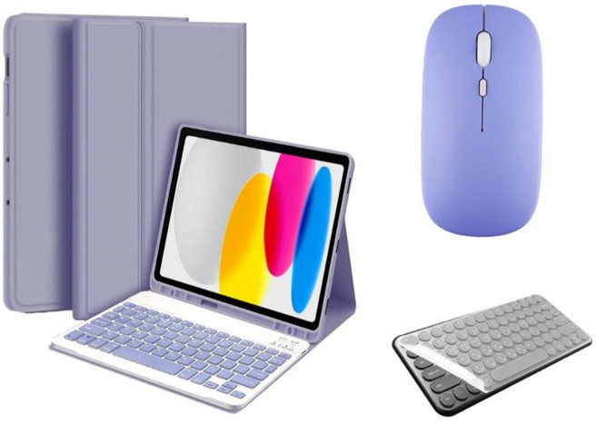 아이패드 호환 에어 프로 미니 1/2/3/4/5/6/7/8/9/10 세대 M2 M4 펜슬 수납 블루투스 키보드 케이스 무선 마우스 세트 iPad Pro Air Mini 케이스나라, 라벤더