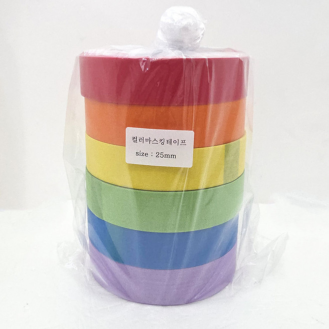 (1세트6개입) 무지개색 마스킹테이프 25mm X 6색, 1세트, 빨.주.노.초.파.보:25mm -6색(1세트)