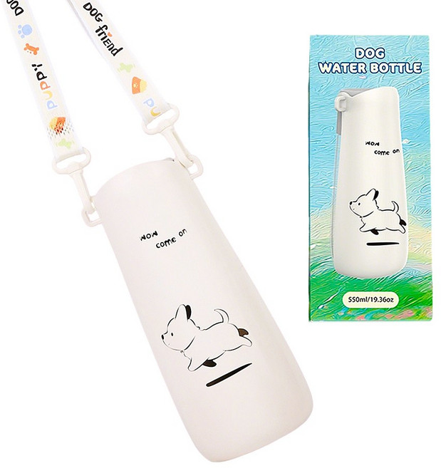 휴대용 반려견 물병 550ml 누수 방지 접이식 반려동물 물통 (핸즈프리 스트랩 포함) 캠핑하이킹산책여행을 위한 인체공학적 물그릇, 1개, White