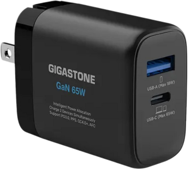GIGASTONE GaN 65W 雙USB充電器, 黑色, 1個