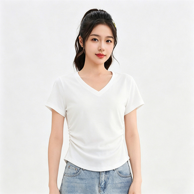 Vezri 여성 여름 브이넥 반팔 티셔츠 면 간편한 스타일 사이드 셔링 디자인