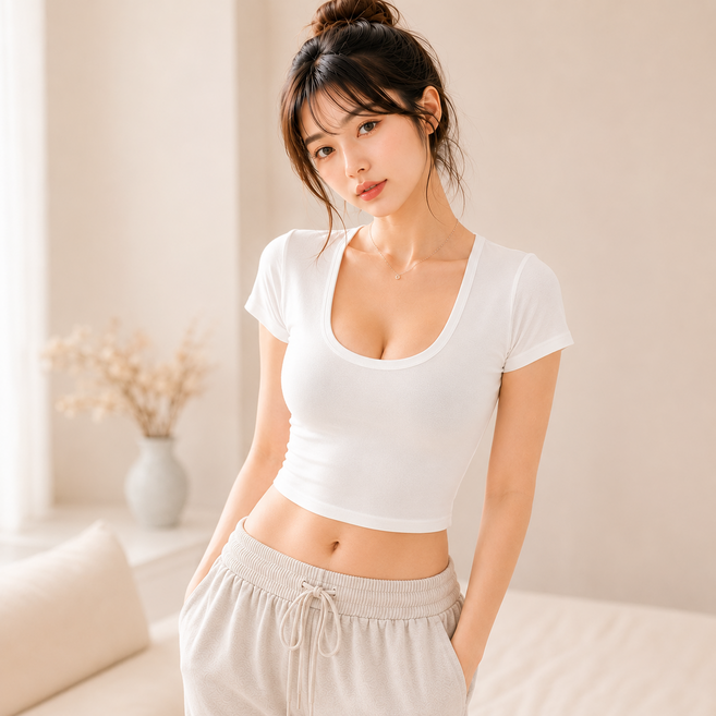短版緊身大U領素面T恤 (M-2XL) - 中大尺碼女生短袖上衣