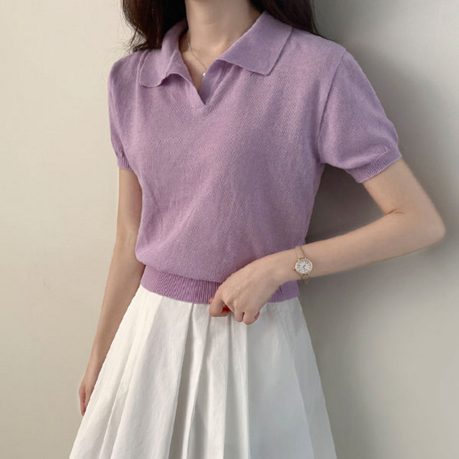 바이단미 여성 풀오버 스웨터 숏 슬리브 세미크롭 반팔 베이직 데일리 린넨 데일리 카라 니트