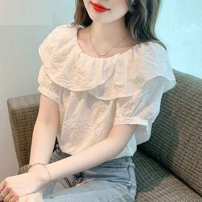 Sealang 여성 예쁜 레이스 블라우스 오피스룩 브이넥 반팔 셔츠 여름 cong0330jP6