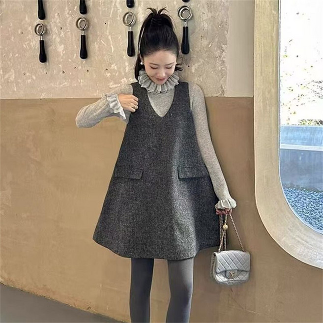 TKX 나시원피스 여성용 여성 가을 겨울 모직 조끼 원피스 심플 루즈핏 V넥 포켓 디자인 K95