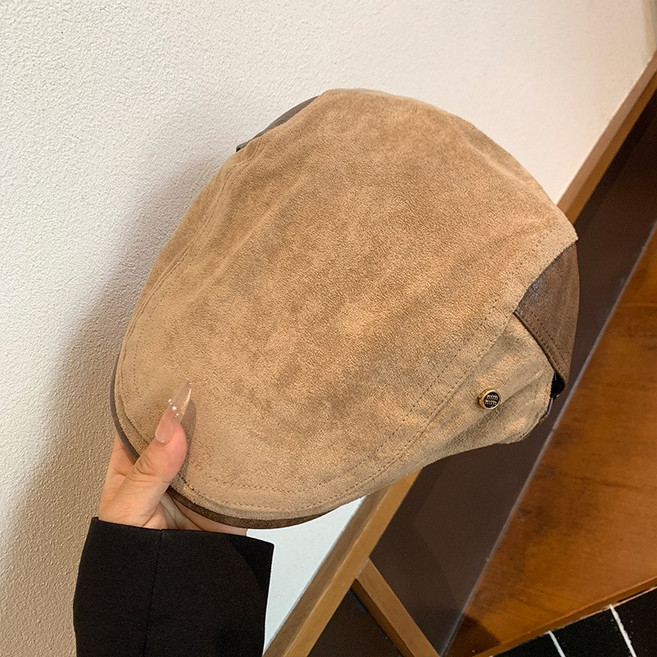 秋冬皮革麂皮絨前進帽子女美式復古百搭報童鴨舌帽男顯臉小貝雷帽