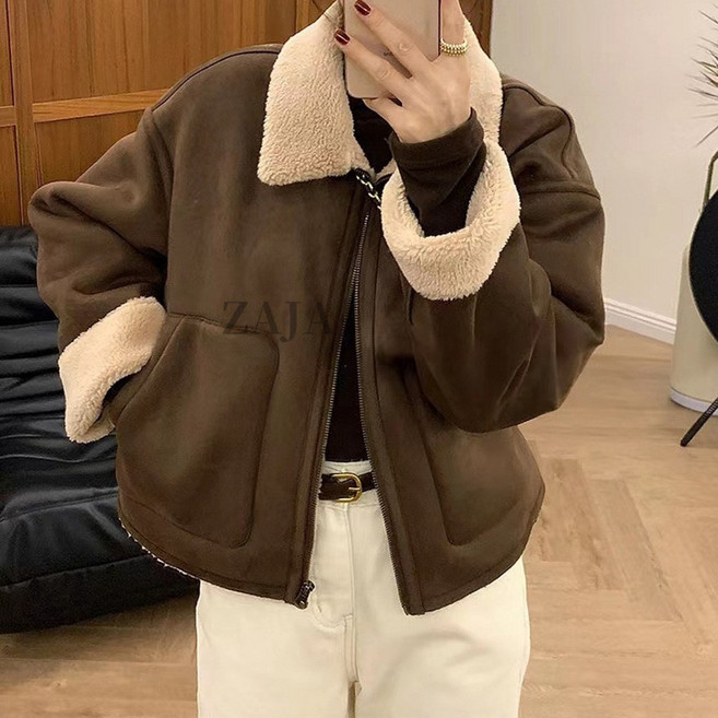ZAJA 가을 겨울 여성 스웨이드 숏 자켓 도톰 따뜻한 터틀넥 보아 코트