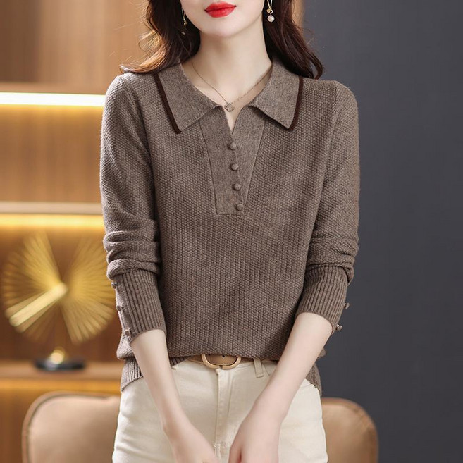 중년 여성 폴로넥 티셔츠 봄 가을 캐주얼 폴로넥 니트 긴팔 스웨터 데일리 중장년 엄마옷 긴팔티 YCY