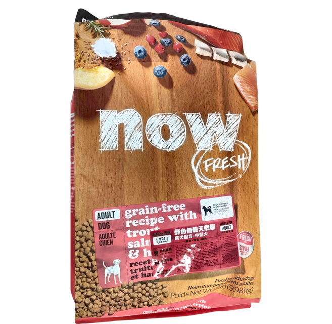 now FRESH 成犬配方無穀狗糧, 鱒魚 + 鮭魚 + 鲱魚, 22lb, 1包