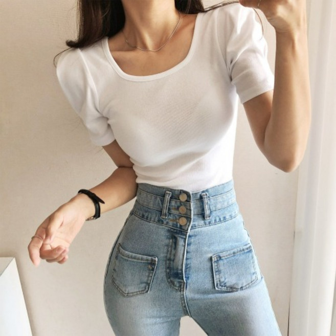 어깨 볼륨 스퀘어넥 퍼프 반팔티