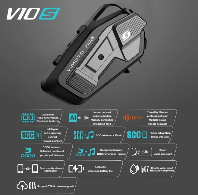VIMOTO 오토바이 헬멧 블루투스 헤드셋 XR/V10S/V10X 방수 소음 제거 다인 통화 헬멧 인터콤 이어폰, 01 vimoto-V10S