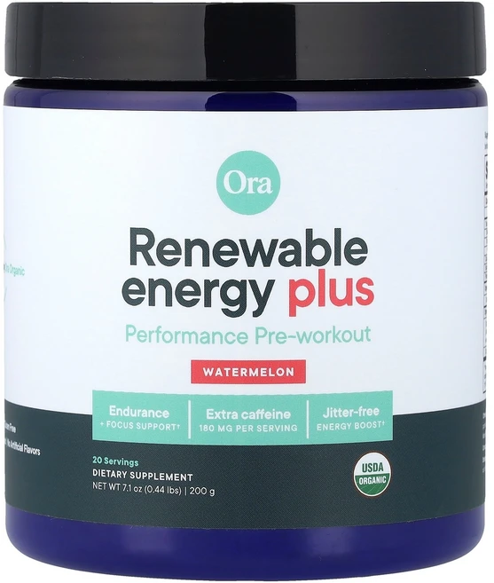 Ora Renewable Energy Plus Performance Pre-Workout Watermelon 7.1 oz (200 g), Ora, Renewable Energy Plus, Pe, 200g, 1개 - 쿠팡
