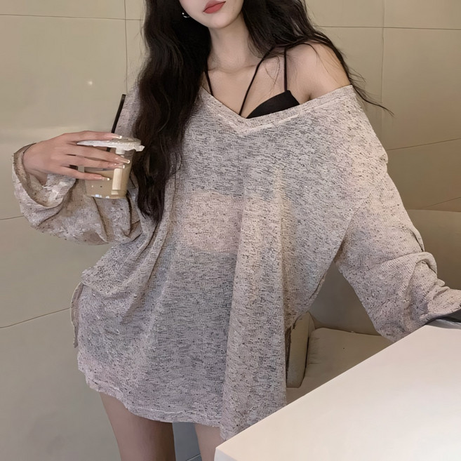 예쁨시전 휴양지 비키니 커버 루즈핏 브이넥 긴팔 시스루 티셔츠