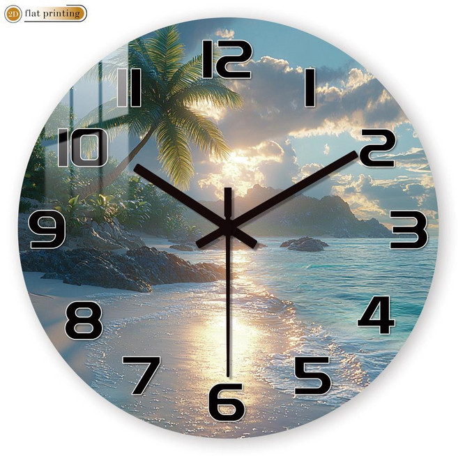 열대 해변 일몰 야자수 벽시계 해안 풍경 평면 인쇄 장식 무소음 라운드 타임피스, 1개, 1. MDFGH1151 / A. 10인치
