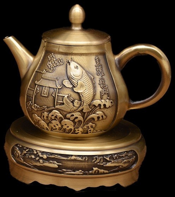 【開發票/統編】拉絲銅壺 山水壺 純銅茶壺 - 復古手工茶具 家居裝飾茶道煮水壺, 魚壺高10釐米長12釐米重,底座需單獨購買, 1個