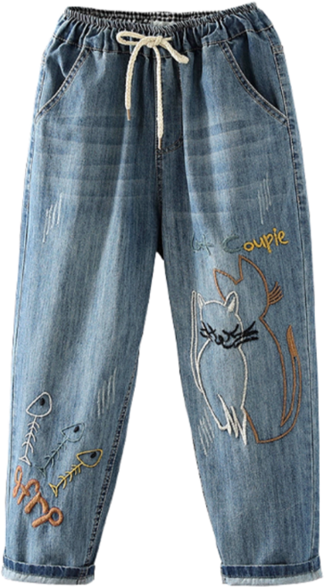 [조윰] 여성밴딩 자수 청바지 9부 중년여성 엄마바지