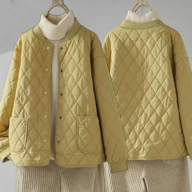 JUSTFEELING M-4XL 빅사이즈 노카라 면자켓 아가일 경량패딩 코트 점퍼 솜패딩 얇은 자켓