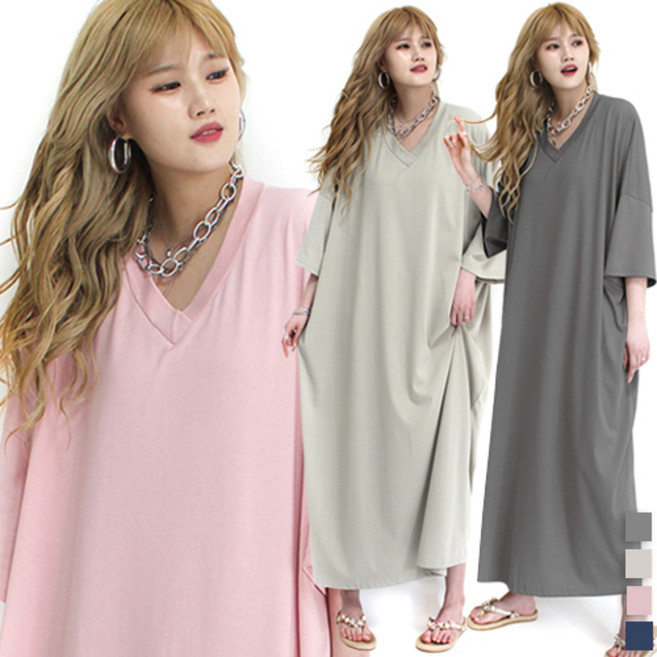 통통마녀 ] 오버핏 브이 반팔롱 원피스 4 컬러 / 2XL / 오버 사이즈